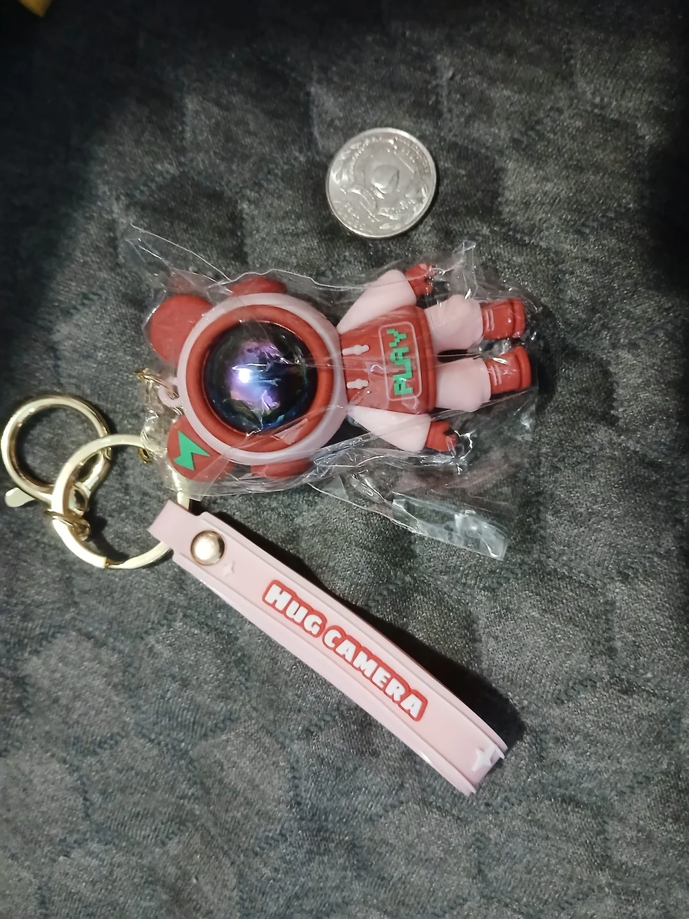 Pink Red Astronaut Keychain with 'Hug Camera' Strap